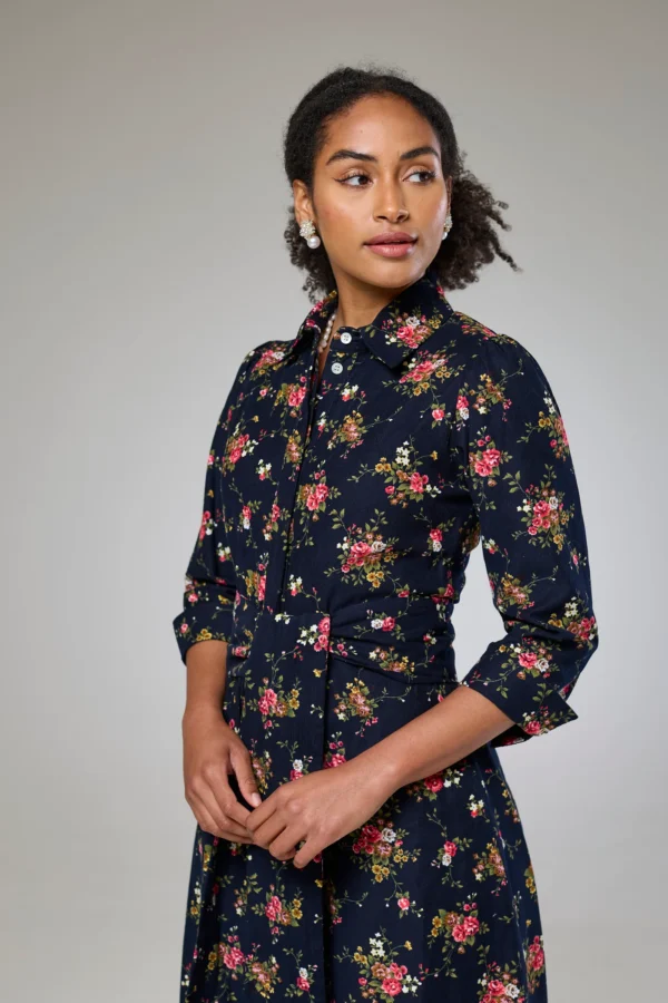 Navy Flora Cord Long Sleeve Dress